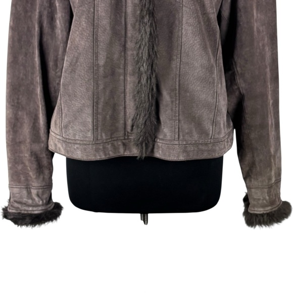 Y2K CROPPED SUEDE LEATHER FAUX FUR TRIM CHOCOLATE BROWN JACKET COLDWATER CREEK - Picture 10 of 15